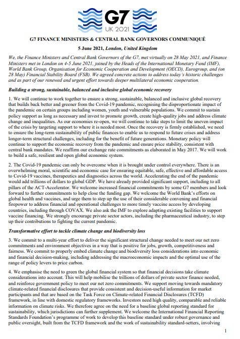 G7 Support for OECD's proposal on a Global Tax Reform - Pillar I and II