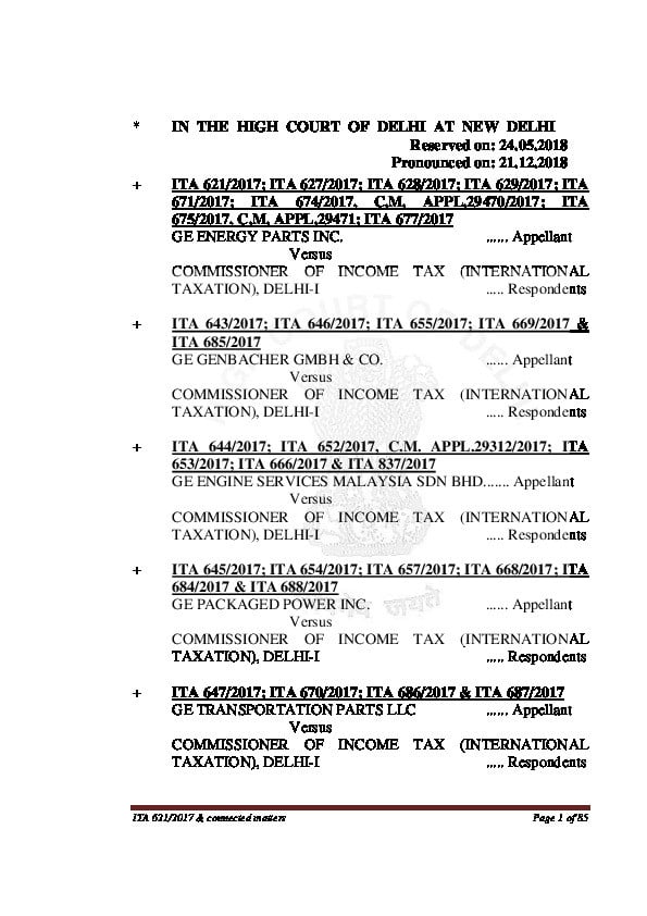 India vs GE, December 2018, Delhi High Court, Case No 621/2017 -