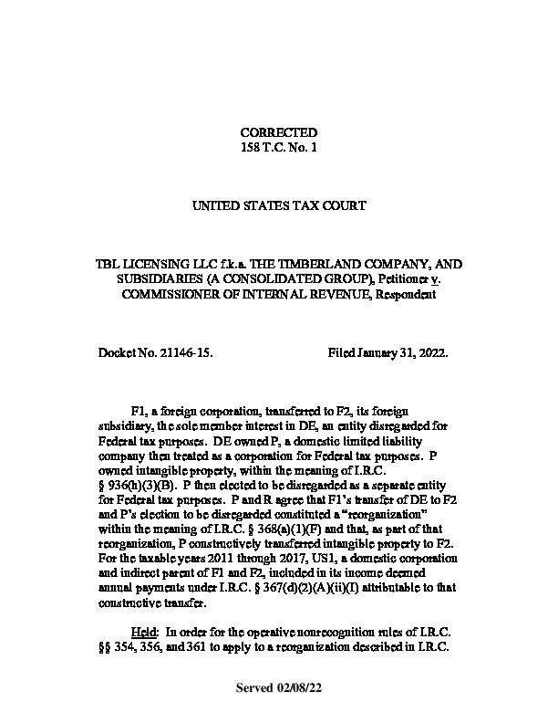 US vs TBL LICENSING LLC, January 2022, U.S. Tax Court, Case No. 158 T.C